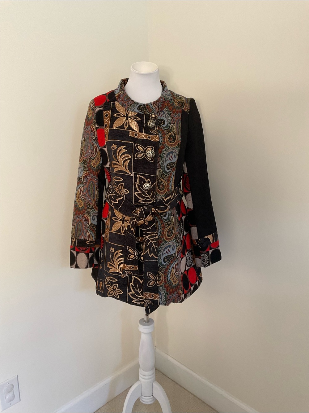 Sacred Threads Vintage Tapestry Jacquard Patchwork Floral Paisley Belted Jacket